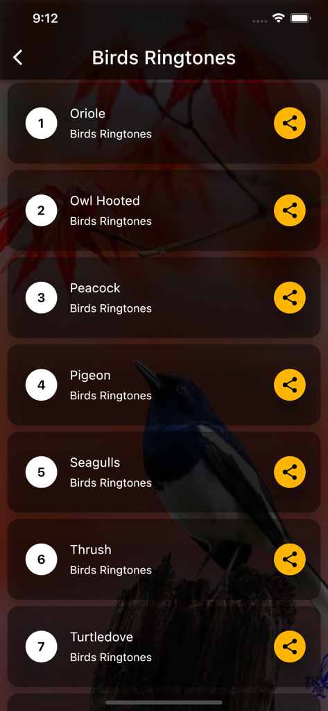 Birds Ringtones - A list of bird sound ringtones including Oriole, Owl, and Peacock in the app interface.