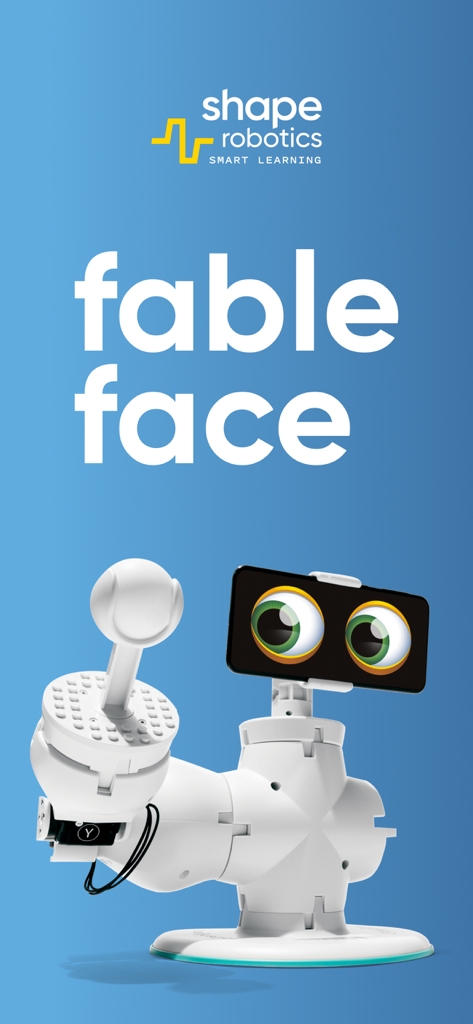 Aplicativo Fable Face da Shape Robotics exibindo olhos expressivos em um kit de robô modular.