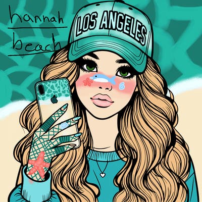 realistic beautiful girl wearing los ángeles cap holding an iphone