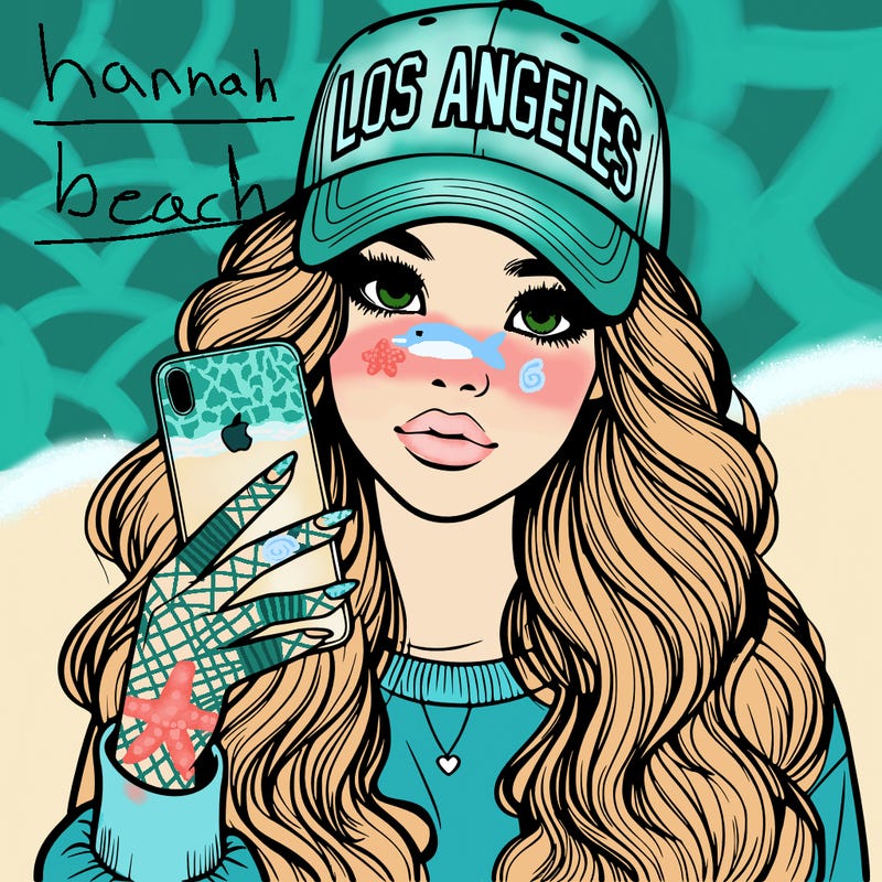 realistic beautiful girl wearing los ángeles cap holding an iphone
