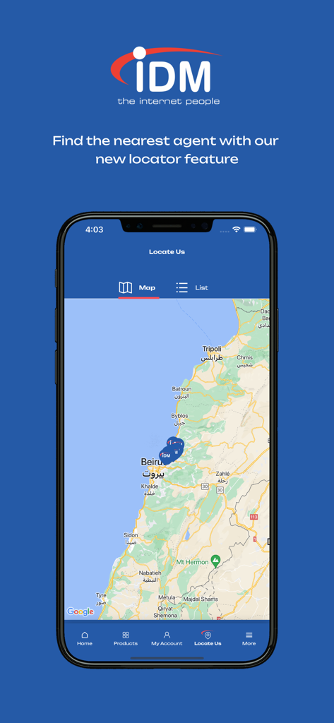 Pantalla de la aplicación móvil IDM Lebanon que muestra el mapa localizador de agentes para encontrar el centro de servicio de internet más cercano en el Líbano