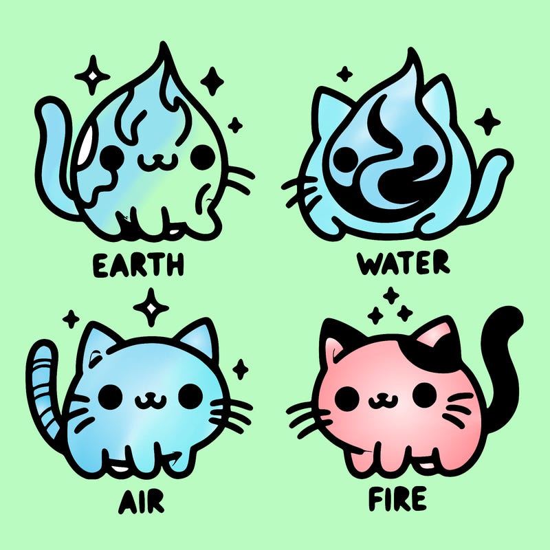 4 cats that represent the different elements, earth, water, air, and fire