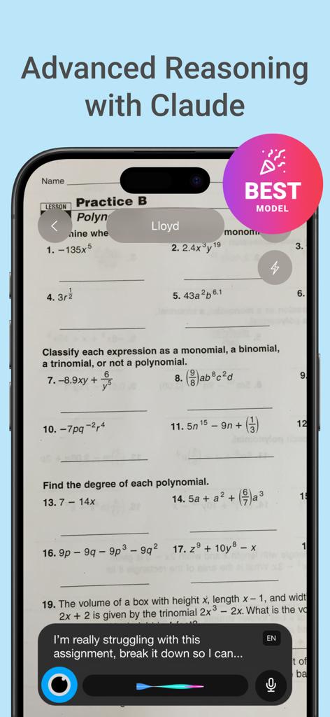 Lloyd - Your AI Superpower - La aplicación Lloyd AI escanea una hoja de trabajo de matemáticas para proporcionar ayuda con la tarea utilizando el razonamiento avanzado de Claude