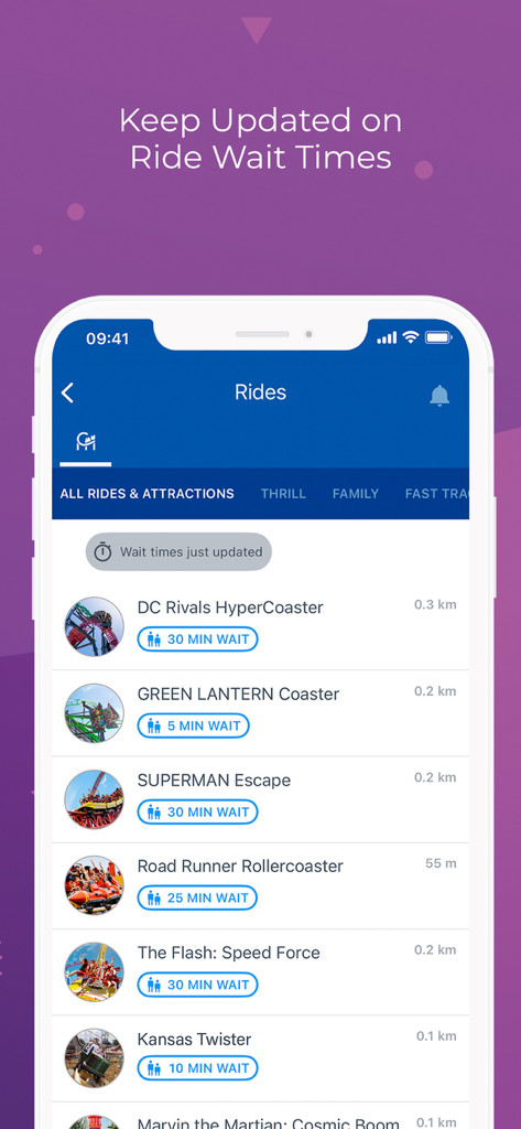 Village Roadshow Theme Parks app screen showing live ride wait times and distances.