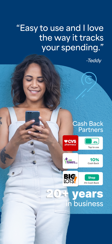 Smiling woman using the Netspend Wallet app featuring cash back rewards and a user testimonial about tracking spending
