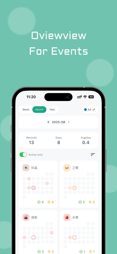 MarkNow: Habit & Daily Tracker - A screenshot of the MarkNow app showing a monthly overview of habit events with data visualization heat maps.