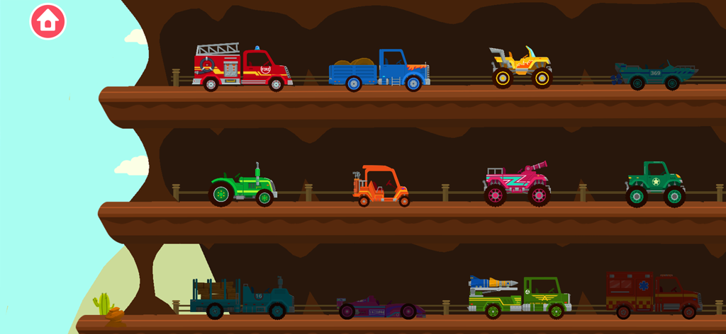 Divers camions jouets colorés et voitures de course exposés dans un garage à étages pour enfants