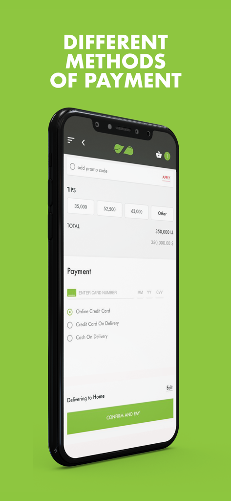 Pantalla de pago de la aplicación Zaatar w Zeit que muestra varios métodos como tarjeta de crédito y pago contra entrega