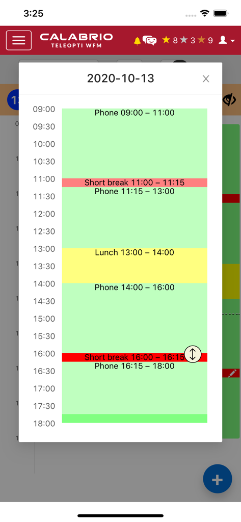 A daily view of the Calabrio WFM MyTime app schedule displaying work tasks and break times.