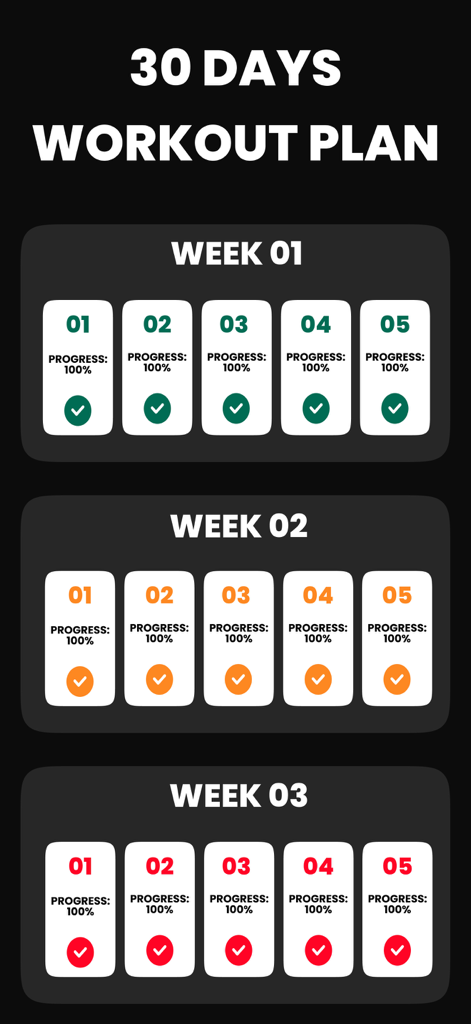 Daily Arm Workout at Home - Interfaz de un plan de entrenamiento de brazos de 30 días que muestra los ejercicios diarios completados durante tres semanas con indicadores de progreso