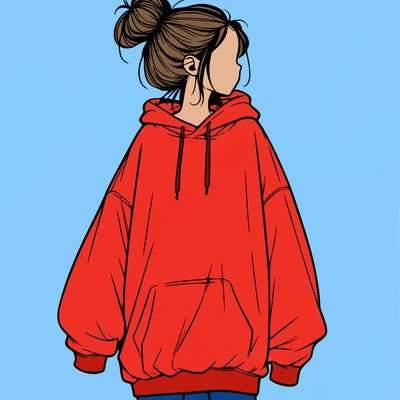 realistic girl with a oversized sweatshirt on and a bun