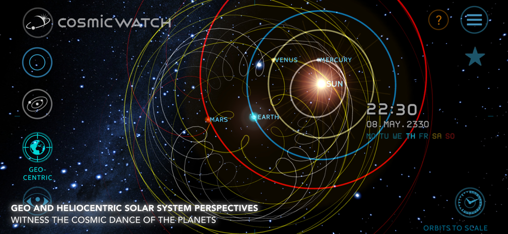 Aplicación Cosmic Watch mostrando órbitas planetarias y perspectivas del sistema solar geocéntrico