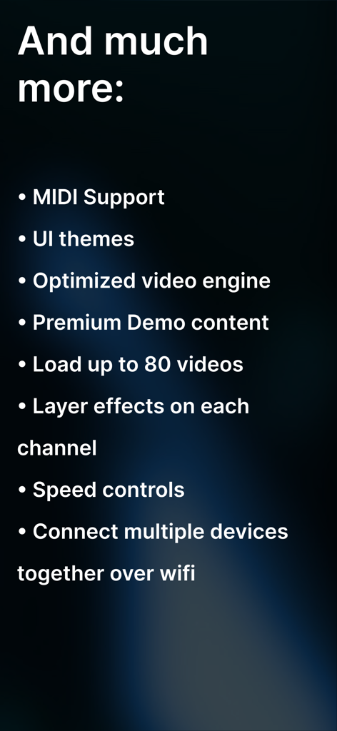 Lista de funciones adicionales para la aplicación GoVJ, incluyendo soporte MIDI, temas de interfaz y conectividad entre dispositivos vía wifi.