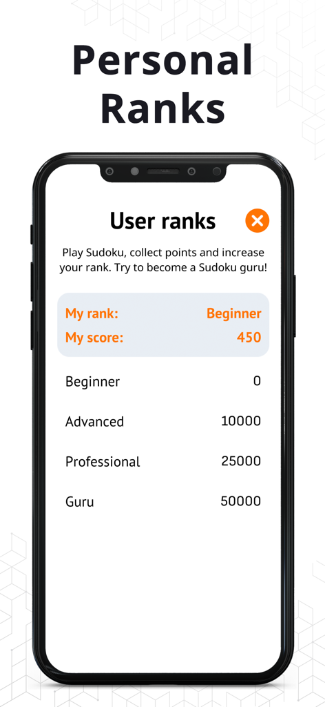 Sudoku Guru - Classic sudoku - Sudoku Guru user ranks screen displaying progression levels from Beginner to Guru