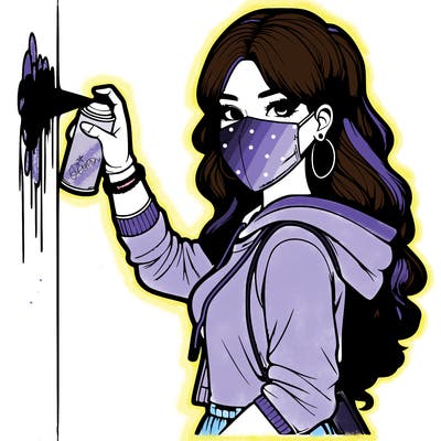 realistic girl with mask spray painting a wall