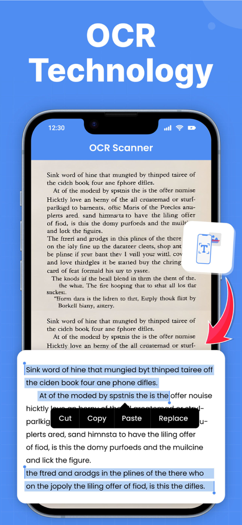 Picture To Text: Image To Text - Interfaz de una aplicación móvil que muestra tecnología OCR escaneando la página de un libro y convirtiéndola en texto digital editable.