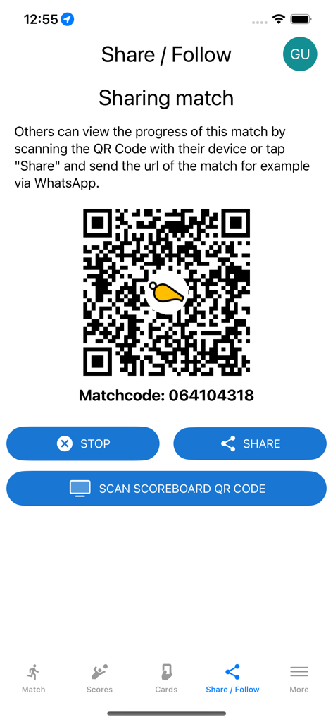 Whistle Time - Interfaccia dell'app Whistle Time per condividere l'andamento della partita live con un codice QR e un codice partita