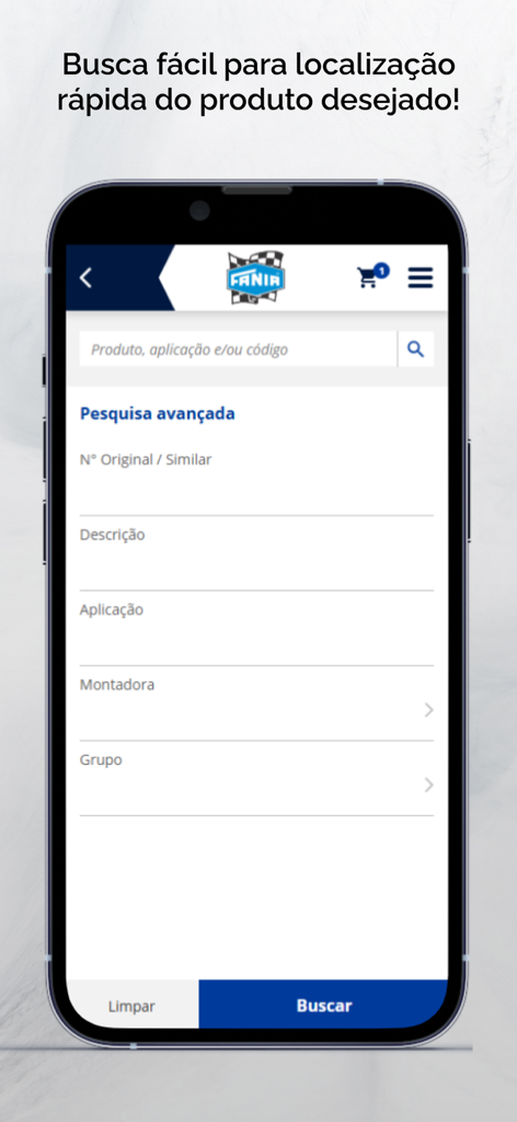 FANIA CABOS - Catálogo - Tela de pesquisa avançada no aplicativo de catálogo Fania para encontrar cabos específicos por número de peça ou aplicação