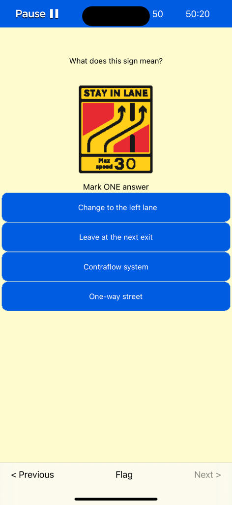 A screen showing a multiple choice question about a road sign in the Driving Theory Test 2025 app
