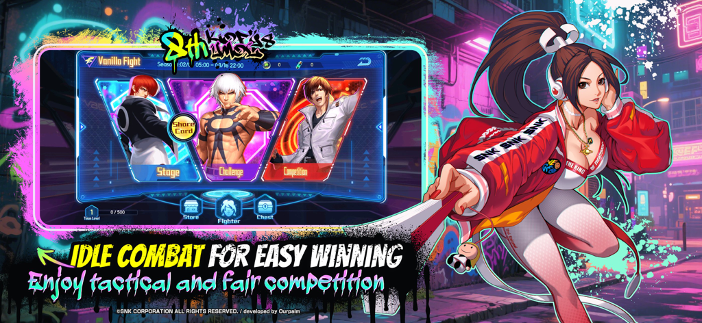 KOF98 UM OL mobile game promotional banner featuring Mai Shiranui and the game mode selection screen with characters Iori, Orochi, and Kyo.