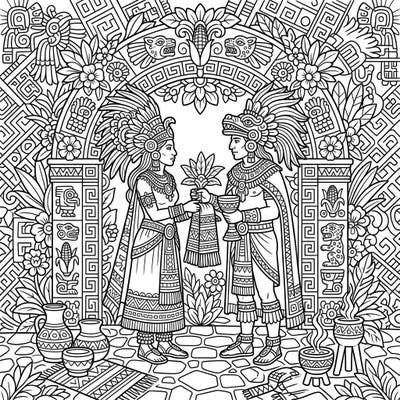 Dive into a rich historical scene with this captivating coloring page featuring Aztec priests performing a sacred wedding ritual. Adorned in ceremonial attire and surrounded by intricate patterns, this artwork offers a unique cultural coloring experience.