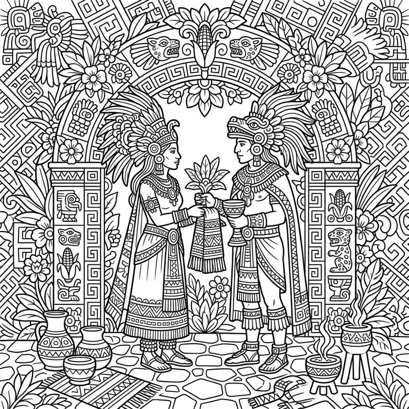 Dive into a rich historical scene with this captivating coloring page featuring Aztec priests performing a sacred wedding ritual. Adorned in ceremonial attire and surrounded by intricate patterns, this artwork offers a unique cultural coloring experience.