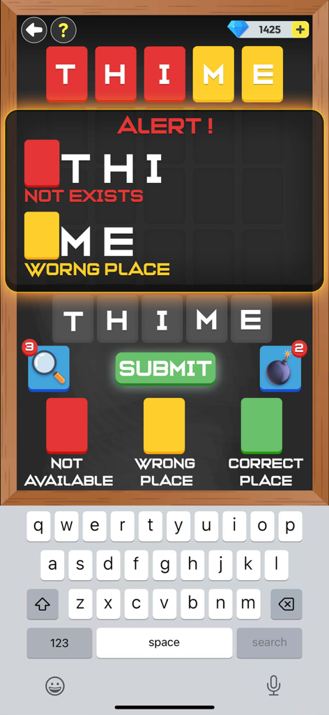 Wordall - Daily Word Test Game - Wordall gameplay interface showing a word guess with color coded feedback and a mobile keyboard