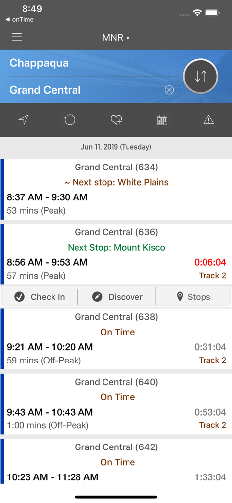 onTime : MNR - MetroNorth Rail - Metro North train schedule and countdown timer showing departures from Chappaqua to Grand Central