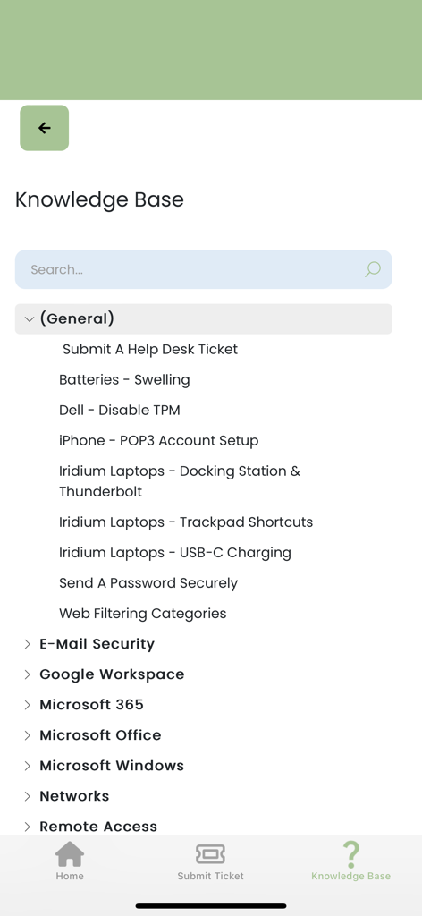 컴퓨팅 기술 앱의 지식 베이스 화면으로 IT 지원 주제 및 범주 표시