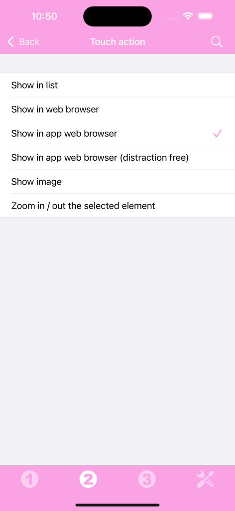 Photo Of The Day Widget - Menú de configuración de acciones táctiles en la aplicación Widget Foto del Día que muestra opciones para ver fotos en un navegador o hacer zoom