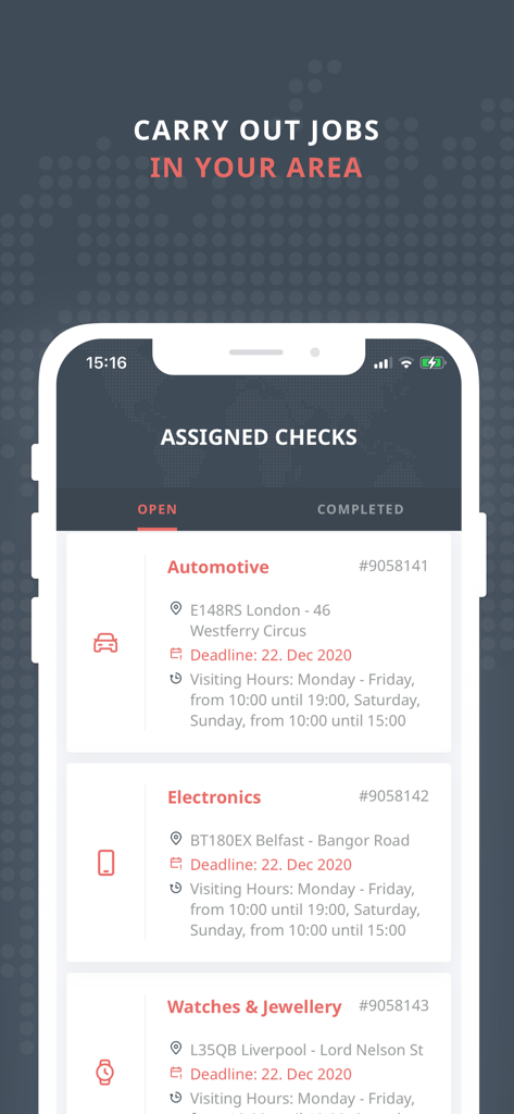 ISC-CX mobile - Mobile App-Bildschirm, der eine Liste zugewiesener Mystery-Shopping-Aufgaben mit Kategorien- und Standortdetails anzeigt.