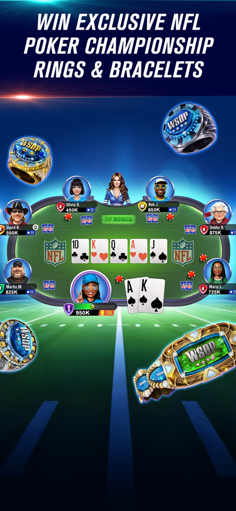 Interfaccia di gioco WSOP Poker con tema NFL che mostra anelli di campionato e braccialetti
