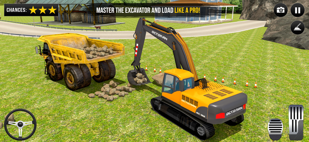 A yellow excavator loading rocks into a large dump truck in a 3D construction simulation game
