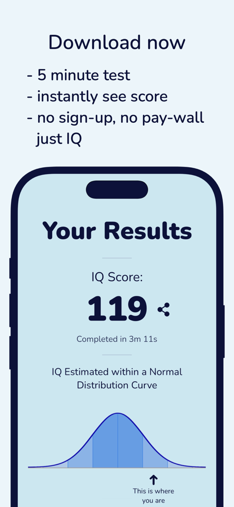 IQ Test - Aptitude Test - IQ Test app results screen showing a 119 score and a normal distribution curve