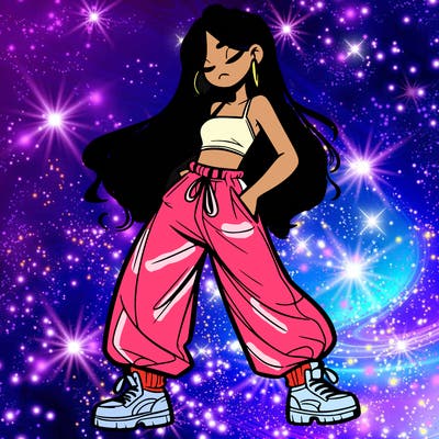 girl in baggy pants crop top and long hair