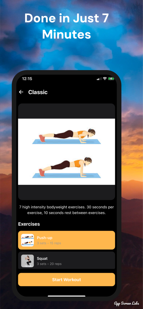 7-Minute Workout by ExpressFit - Pantalla de smartphone que muestra la rutina clásica de entrenamiento de 7 minutos con flexiones y sentadillas en la aplicación ExpressFit