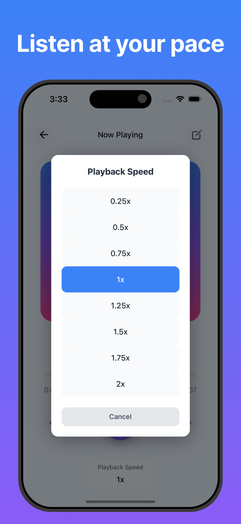 Audiobook Player Offline Books - Menú de configuración de velocidad de reproducción en la aplicación de reproductor de audiolibros que muestra opciones desde cero punto veinticinco x hasta dos x.