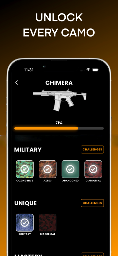 BO7 Camo Tracker - Interfaz de la aplicación BO7 Camo Tracker que muestra el progreso de armas para la Quimera con camuflajes militares y únicos desbloqueados