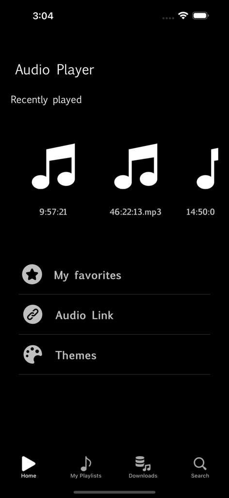 Audio Player - Play Music - Home screen of the Audio Player app displaying recently played tracks and menu options like favorites and themes.