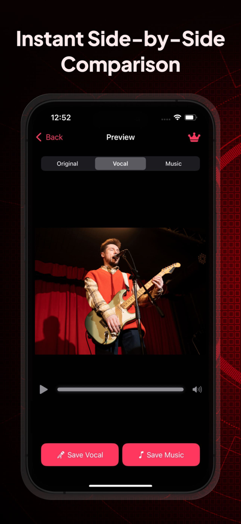 Vocal Remover Music Separator - App-Oberfläche, die eine Vorschau mit Optionen zum Wechseln zwischen Original-, Vocal- und Musik-Tracks für ein Video anzeigt.