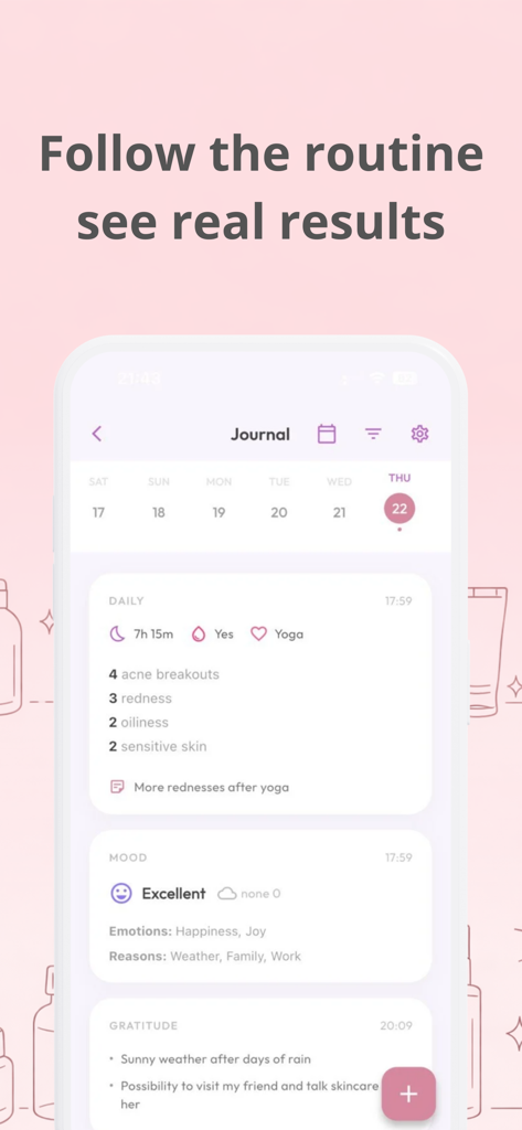 GlowUp App-Journalbildschirm, der die tägliche Hautzustandsverfolgung und Lifestyle-Protokolle anzeigt