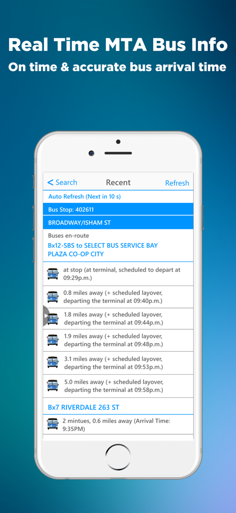 A smartphone screen displaying real-time MTA bus arrival information for New York City routes.