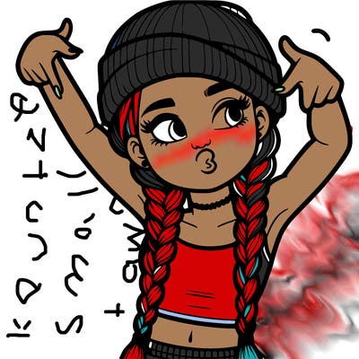 realistic teenage girl with braids and a beanie and crop top doing 🫶🏼