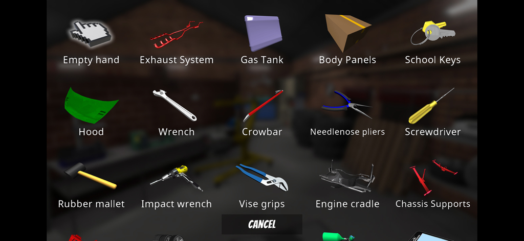 Fix My Car - Inventory screen showing car parts and tools in the Fix My Car game.
