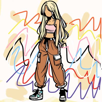 girl in baggy pants crop top and long hair