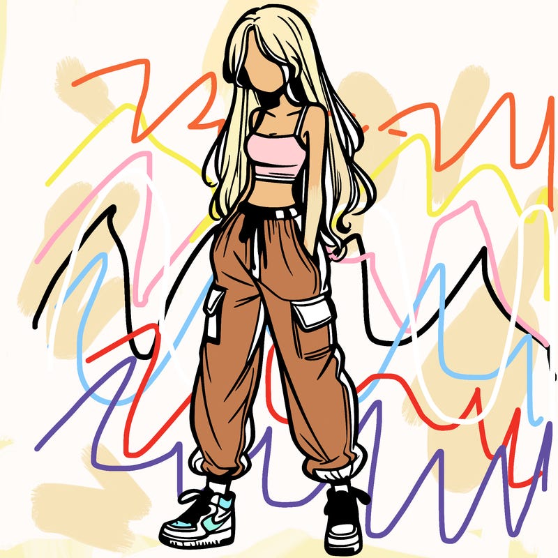 girl in baggy pants crop top and long hair