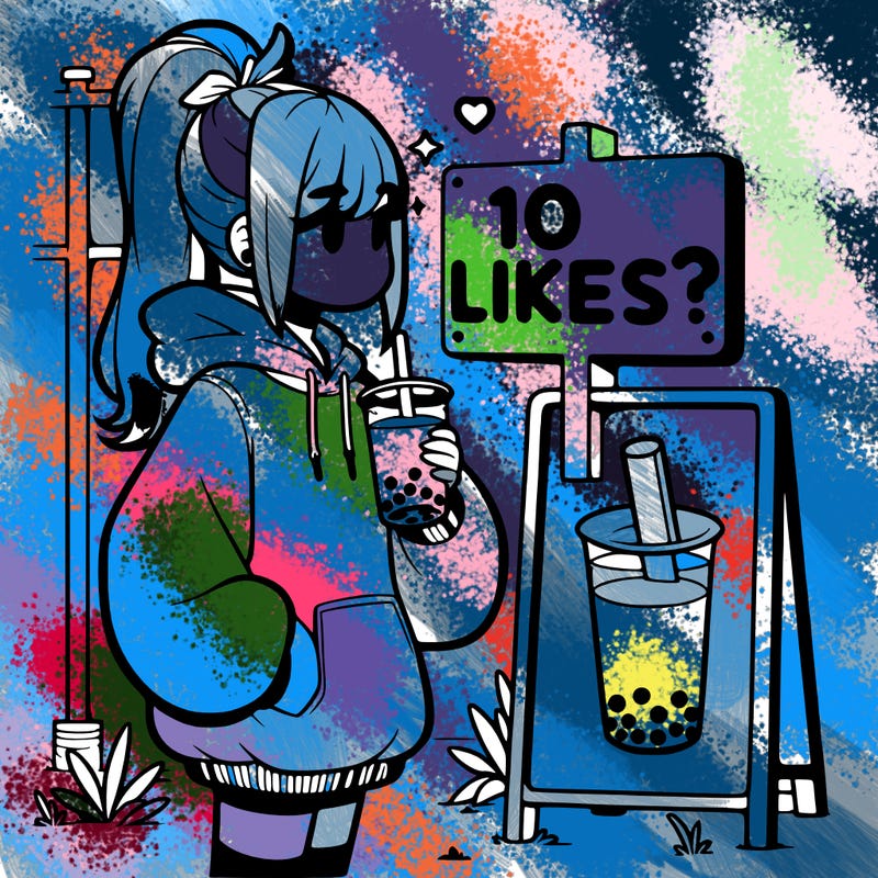 girl with oversized hoodie drinking boba and she has a high ponytail with a sign that says 10likes?