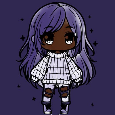 chibi girl with ripped jeans,long hair, and an oversized sweater