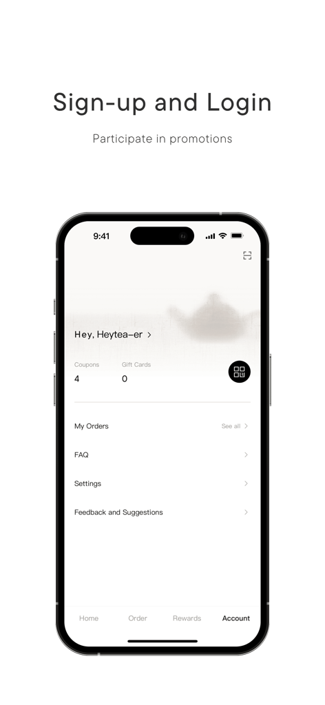 Screenshot of the HEYTEA app account page showing login options coupons gift cards and order history