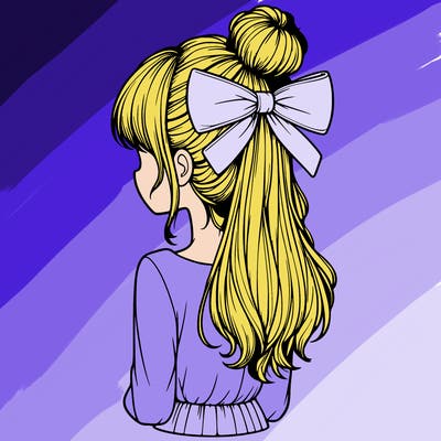 realistic girl  with hip length hair a bun and a big bow on the back of head